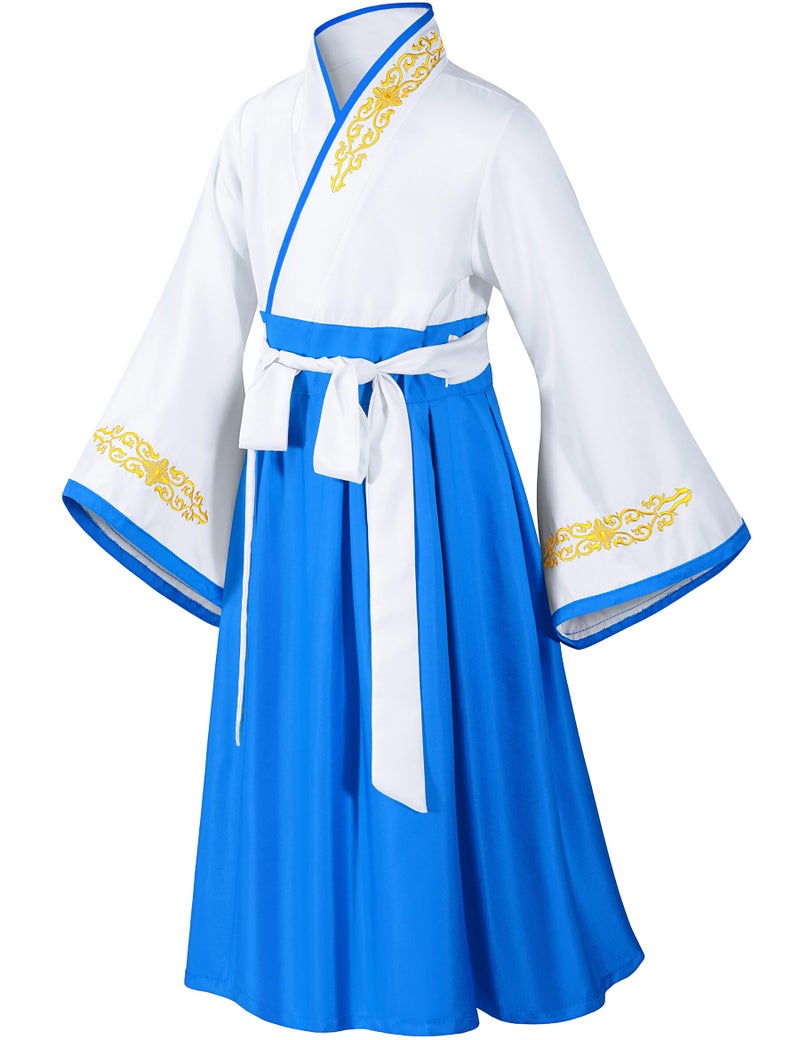 Elibelle Asian Traditional Dress Kimono Robe for Kids Girls Costume Silk Folding Fans hairstick Cosplay(White Blue120cm - Image 5